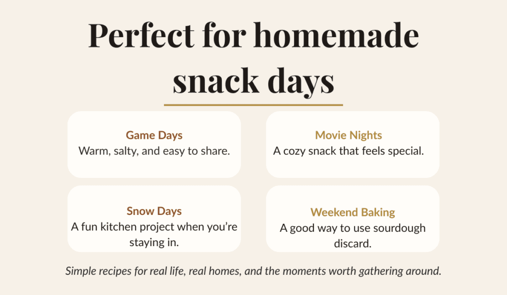 Homemade snack ideas for serving sourdough discard soft pretzels