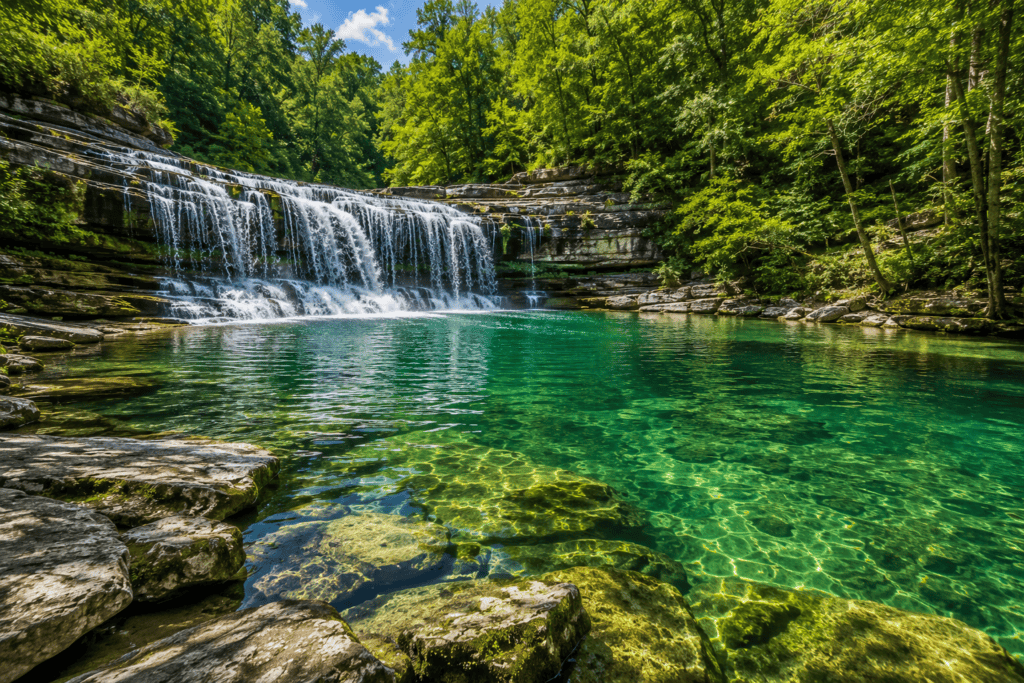 Rocky Falls in the Ozark National Scenic Riverways featuring a broad limestone waterfall flowing into a crystal-clear emerald swimming hole surrounded by Ozark forest.
