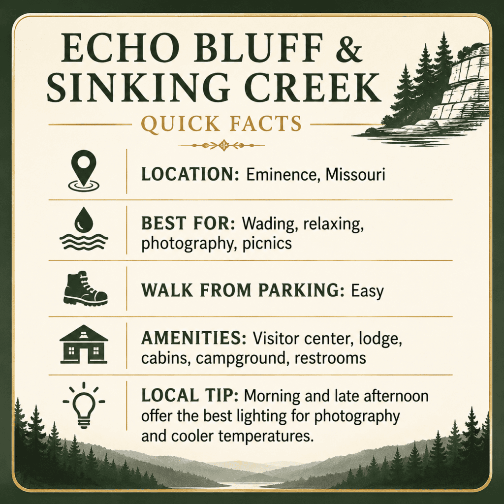 Quick Facts

📍 Location: Eminence, Missouri

💦 Best For: Wading, relaxing, photography, picnics

🥾 Walk From Parking: Easy

🚻 Amenities: Visitor center, lodge, cabins, campground, restrooms

💡 Local Tip: Morning and late afternoon offer the best lighting for photography and cooler temperatures.