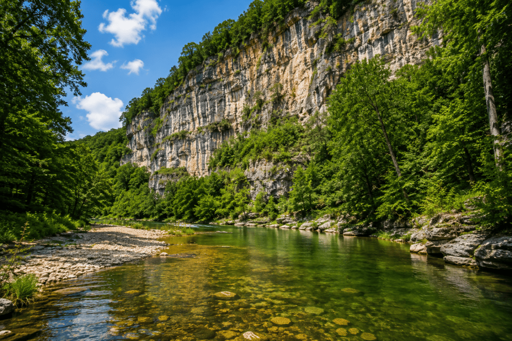 Towering limestone bluffs overlooking the clear spring-fed waters of Sinking Creek at Echo Bluff State Park in Missouri.