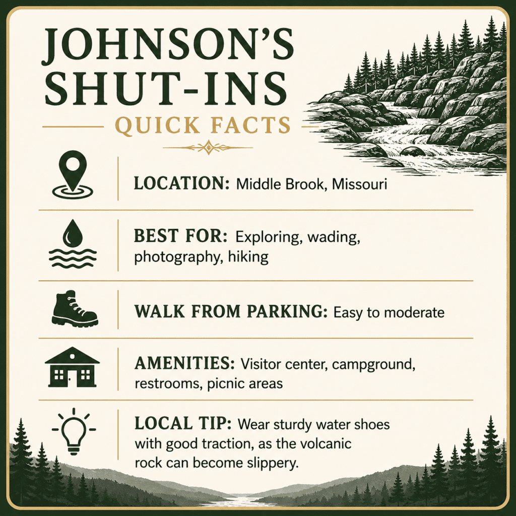 Quick Facts

📍 Location: Middle Brook, Missouri

💦 Best For: Exploring, wading, photography, hiking

🥾 Walk From Parking: Easy to moderate

🚻 Amenities: Visitor center, campground, restrooms, picnic areas

💡 Local Tip: Wear sturdy water shoes with good traction, as the volcanic rock can become slippery.
