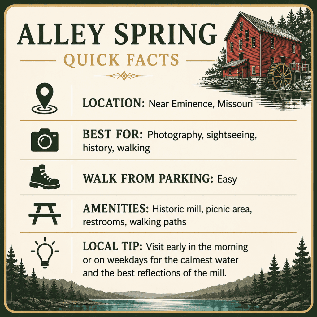 Quick Facts

📍 Location: Near Eminence, Missouri

📷 Best For: Photography, sightseeing, history, walking

🥾 Walk From Parking: Easy

🚻 Amenities: Historic mill, picnic area, restrooms, walking paths

💡 Local Tip: Visit early in the morning or on weekdays for the calmest water and the best reflections of the mill.