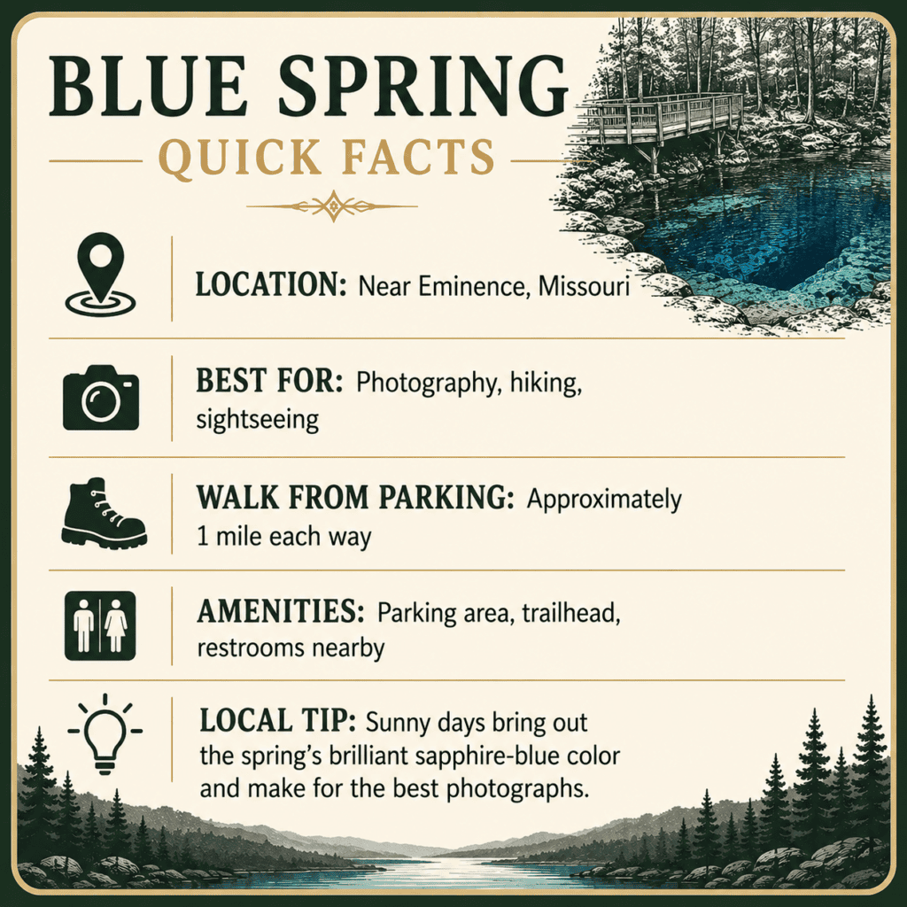 Quick Facts

📍 Location: Near Eminence, Missouri

📷 Best For: Photography, hiking, sightseeing

🥾 Walk From Parking: About 1 mile each way

🚻 Amenities: Parking, trailhead, restrooms nearby

💡 Local Tip: Visit on a sunny day to experience the spring's brilliant blue color at its best.