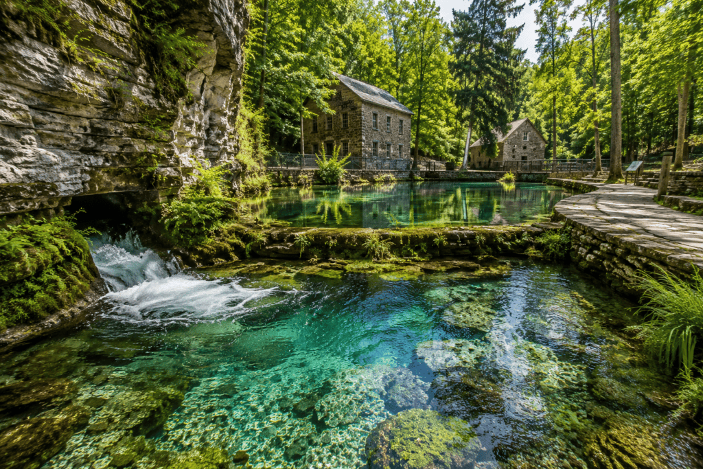 Crystal-clear waters flowing from Maramec Spring in Missouri, surrounded by limestone bluffs, mature trees, and the historic Maramec Iron Works area.