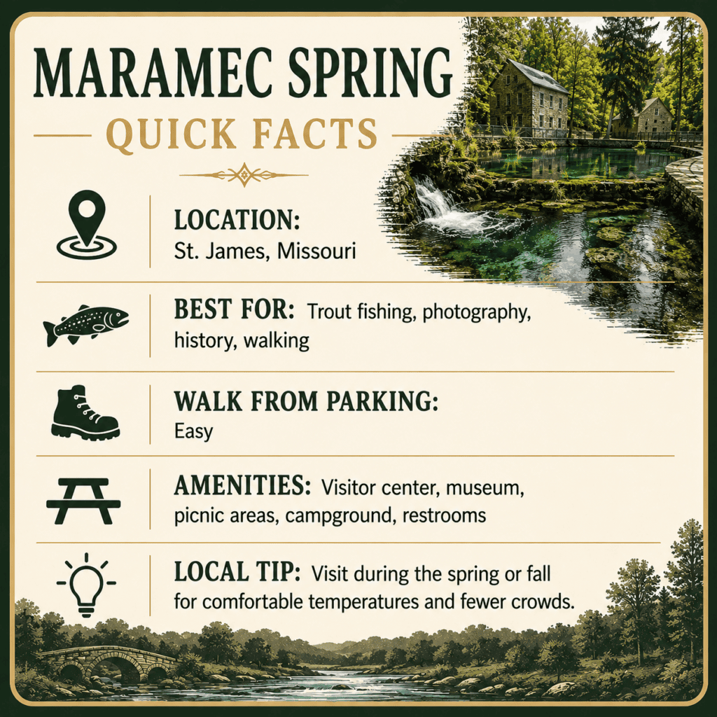 Quick Facts

📍 Location: St. James, Missouri

🎣 Best For: Trout fishing, photography, history, walking

🥾 Walk From Parking: Easy

🚻 Amenities: Visitor center, museum, picnic areas, campground, restrooms

💡 Local Tip: Visit during the spring or fall for comfortable temperatures and fewer crowds.