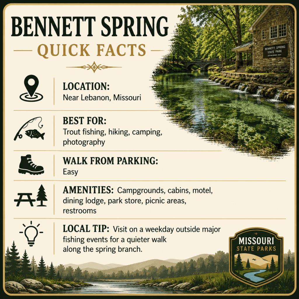 Quick Facts

📍 Location: Near Lebanon, Missouri

🎣 Best For: Trout fishing, hiking, camping, photography

🥾 Walk From Parking: Easy

🚻 Amenities: Campgrounds, cabins, motel, dining lodge, park store, picnic areas, restrooms

💡 Local Tip: Visit on a weekday outside major fishing events for a quieter walk along the spring branch.