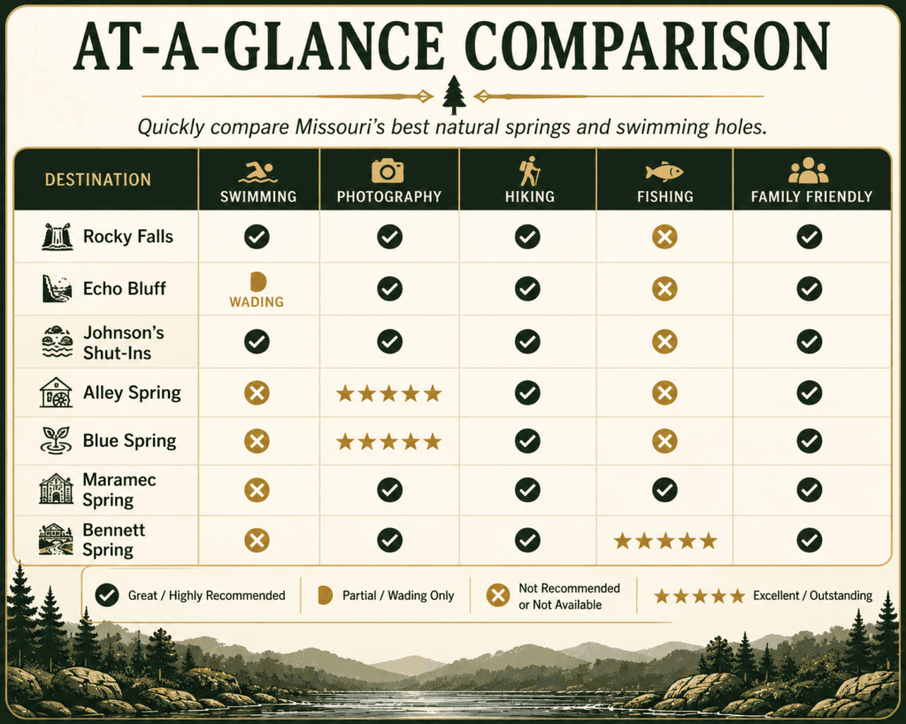 Comparison chart of Missouri's top springs and swimming holes, showing which destinations are best for swimming, photography, hiking, fishing, and family-friendly activities.