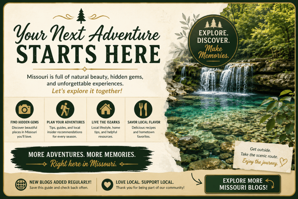 Call-to-action graphic encouraging readers to explore more Missouri travel, outdoor, lifestyle, and local blog articles featuring a scenic Ozark waterfall and the message, "Your Next Adventure Starts Here."