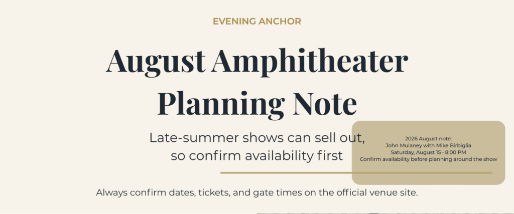 August planning note for Ozarks Amphitheater Camdenton Missouri