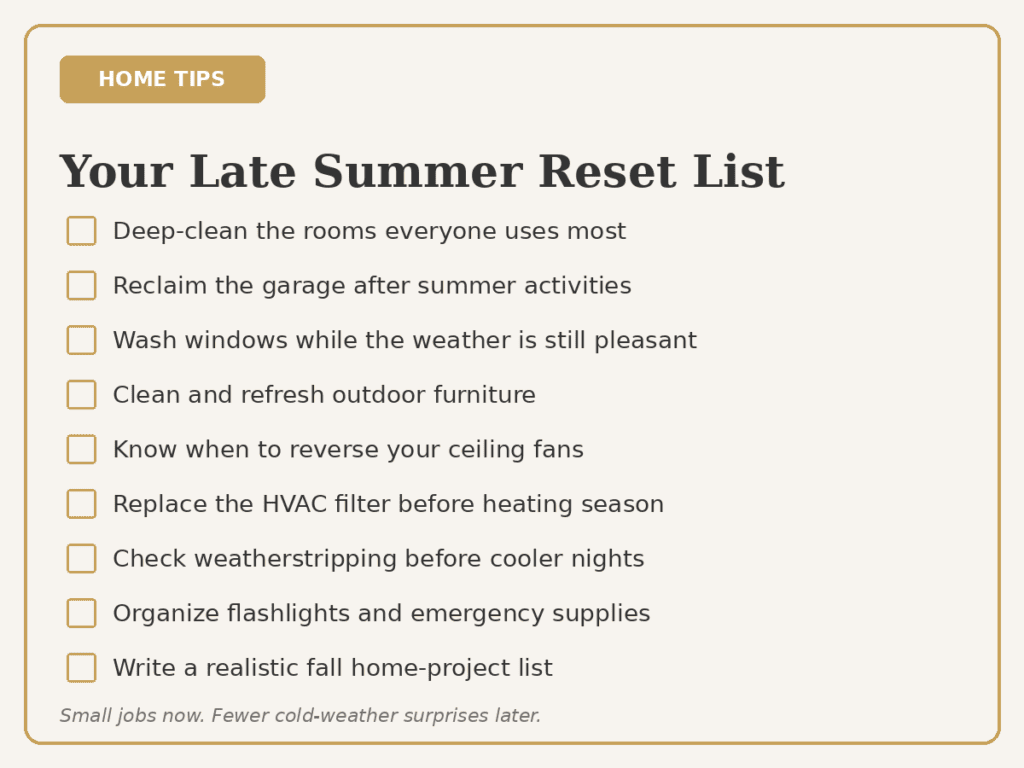 Late summer home reset checklist with nine affordable ways to prepare a home for fall