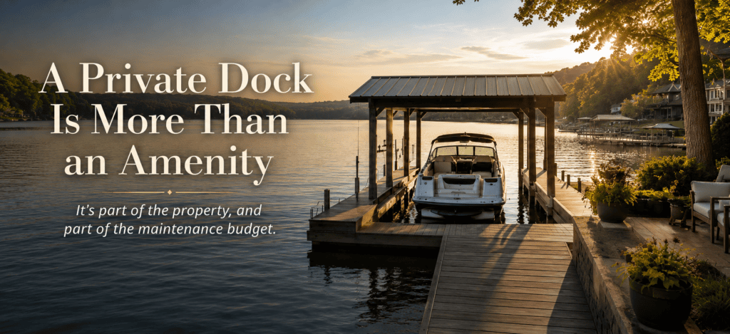 Lakefront private dock at Lake of the Ozarks showing dock maintenance and ownership responsibilities buyers should consider
