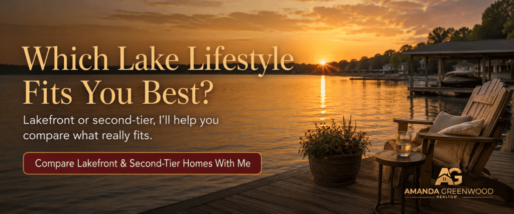 Lake of the Ozarks sunset call to action graphic asking which lake lifestyle fits best with Amanda Greenwood logo

